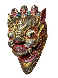 Buddhist Wooden Mask Of [snow Lion], Tibetan Style Wtih [traditional Colors], Poplar Wood