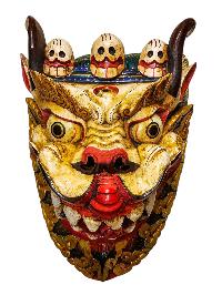Buddhist Wooden Mask Of [snow Lion], Tibetan Style Wtih [traditional Colors], Poplar Wood