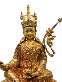 Buddhist Handmade Statue Of Padmasambhava [guru Rinpoche], [full Fire Gold Plated] With Painted Face