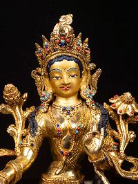 [green Tara], Buddhist Handmade Statue, [full Gold Plated], [stone Setting], [face Painted]
