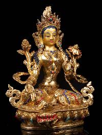 [green Tara], Buddhist Handmade Statue, [full Gold Plated], [stone Setting], [face Painted]