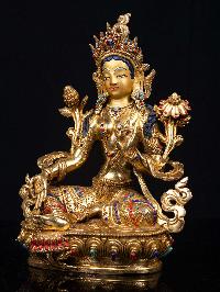 [green Tara], Buddhist Handmade Statue, [full Gold Plated], [stone Setting], [face Painted]