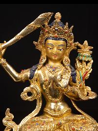 [manjushri], Buddhist Handmade Statue, [full Gold Plated], [stone Setting], [face Painted]