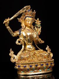 [manjushri], Buddhist Handmade Statue, [full Gold Plated], [stone Setting], [face Painted]
