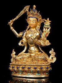 [manjushri], Buddhist Handmade Statue, [full Gold Plated], [stone Setting], [face Painted]