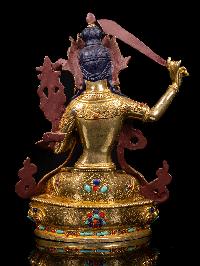 [manjushri], Buddhist Handmade Statue, [full Gold Plated], [stone Setting], [face Painted]