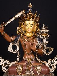 [master Quality] [manjushri], Buddhist Handmade Statue, [partly Gold Plated], [thangka Color Finishing], [stone Setting], [face Painted]