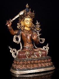 [master Quality] [manjushri], Buddhist Handmade Statue, [partly Gold Plated], [thangka Color Finishing], [stone Setting], [face Painted]