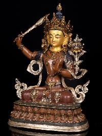 [master Quality] [manjushri], Buddhist Handmade Statue, [partly Gold Plated], [thangka Color Finishing], [stone Setting], [face Painted]