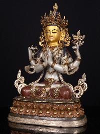 [master Quality] [chenrezig], Buddhist Handmade Statue, [partly Gold Plated], [thangka Color Finishing], [stone Setting], [face Painted]