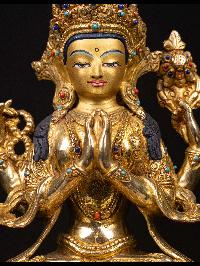 [chenrezig], Buddhist Handmade Statue, [full Gold Plated], [stone Setting], [face Painted]