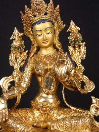 [green Tara], Buddhist Handmade Statue, [full Gold Plated],  [stone Setting],  [face Painted]