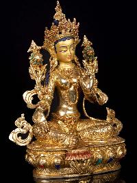 [green Tara], Buddhist Handmade Statue, [full Gold Plated],  [stone Setting],  [face Painted]