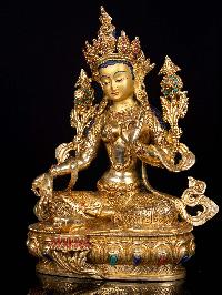 [green Tara], Buddhist Handmade Statue, [full Gold Plated],  [stone Setting],  [face Painted]