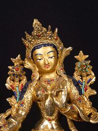 [green Tara], Buddhist Handmade Statue, [full Gold Plated],  [stone Setting],  [face Painted]