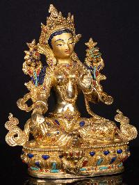 [green Tara], Buddhist Handmade Statue, [full Gold Plated],  [stone Setting],  [face Painted]