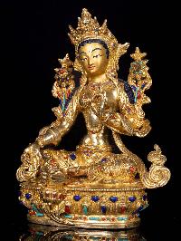 [green Tara], Buddhist Handmade Statue, [full Gold Plated],  [stone Setting],  [face Painted]
