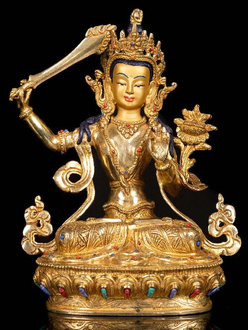 This 24cm tall Manjushri, Buddhist Handmade Statue, Full Gold Plated, Stone Setting, Face Painted (Product Code: HMS36008) weighs 1.55kg and is available at an offer price of US$168.