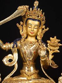 [manjushri], Buddhist Handmade Statue, [full Gold Plated],  [stone Setting],  [face Painted]