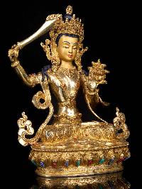 [manjushri], Buddhist Handmade Statue, [full Gold Plated],  [stone Setting],  [face Painted]
