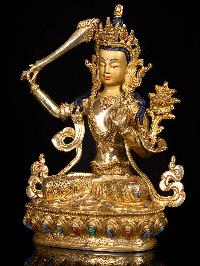 [manjushri], Buddhist Handmade Statue, [full Gold Plated],  [stone Setting],  [face Painted]
