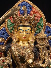 [manjushri] With Parwa, Buddhist Handmade Statue, [partly Gold Plated], [thangka Color Finishing], [ Face Painted]