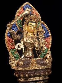 [manjushri] With Parwa, Buddhist Handmade Statue, [partly Gold Plated], [thangka Color Finishing], [ Face Painted]