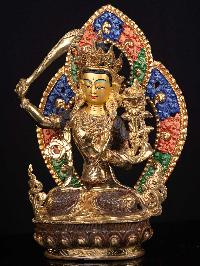 [manjushri] With Parwa, Buddhist Handmade Statue, [partly Gold Plated], [thangka Color Finishing], [ Face Painted]