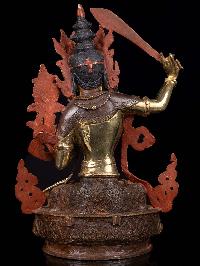 [manjushri] With Parwa, Buddhist Handmade Statue, [partly Gold Plated], [thangka Color Finishing], [ Face Painted]