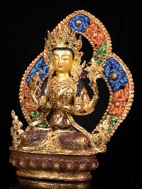 [chenrezig] With Parwa, Buddhist Handmade Statue, [partly Gold Plated], [thangka Color Finishing], [face Painted],