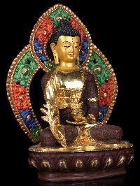 [medicine Buddha] With Parwa, Buddhist Handmade Statue, [partly Gold Plated], [thangka Color Finishing], [face Painted]