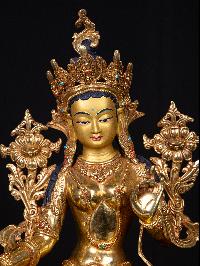 [green Tara], Buddhist Handmade Statue, [full Gold Plated],  [stone Setting], [face Painted]