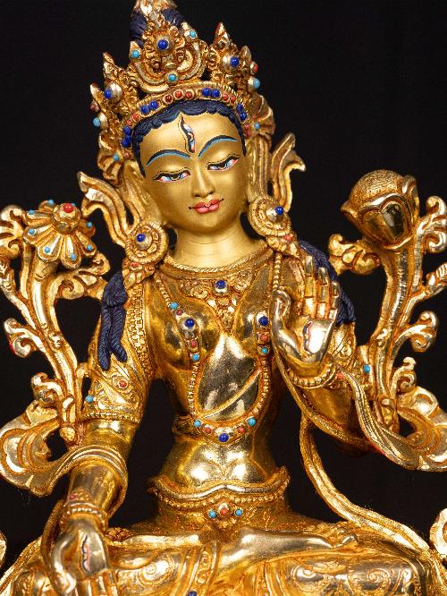 [white Tara], Buddhist Handmade Statue, [full Gold Plated],  [stone Setting], [face Painted]