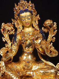 [green Tara], Buddhist Handmade Statue, [full Gold Plated],  [stone Setting], [face Painted]
