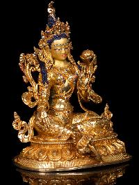[green Tara], Buddhist Handmade Statue, [full Gold Plated],  [stone Setting], [face Painted]