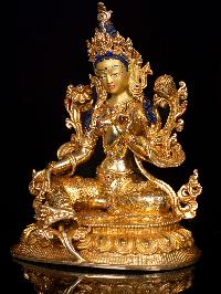 [green Tara], Buddhist Handmade Statue, [full Gold Plated],  [stone Setting], [face Painted]