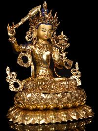 [manjushri] On Double Lotus Base, Buddhist Handmade Statue, [full Gold Plated],  [stone Setting], [face Painted]