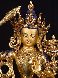 [manjushri] On Double Lotus Base, Buddhist Handmade Statue, [full Gold Plated],  [stone Setting], [face Painted]