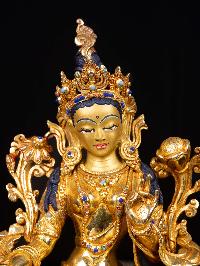 [green Tara], Buddhist Handmade Statue, [full Gold Plated],  [stone Setting], [face Painted]