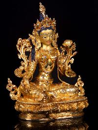 [green Tara], Buddhist Handmade Statue, [full Gold Plated],  [stone Setting], [face Painted]