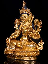 [green Tara], Buddhist Handmade Statue, [full Gold Plated],  [stone Setting], [face Painted]