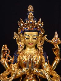[chenrezig], Buddhist Handmade Statue, [full Gold Plated],  [stone Setting], [face Painted]