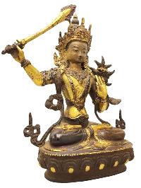 [old Stock]  [manjushri], Buddist Handmade Statue,  [partly Gold Plated], [antique Finishing], [face Painted]
