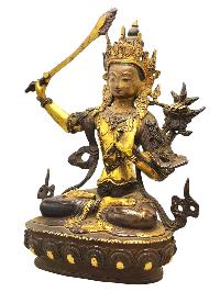 [old Stock]  [manjushri], Buddist Handmade Statue,  [partly Gold Plated], [antique Finishing], [face Painted]