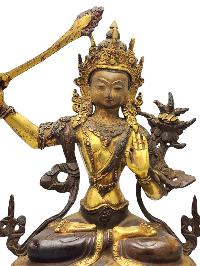 [old Stock]  [manjushri], Buddist Handmade Statue,  [partly Gold Plated], [antique Finishing], [face Painted]