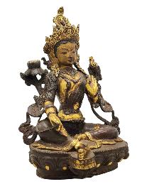 [old Stock] [green Tara], Buddist Handmade Statue,  [partly Gold Plated], [antique Finishing], [face Painted]