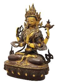 [old Stock] [chenrezig], Buddist Handmade Statue,  [partly Gold Plated], [antique Finishing], [face Painted]