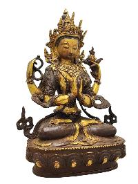 [old Stock] [chenrezig], Buddist Handmade Statue,  [partly Gold Plated], [antique Finishing], [face Painted]