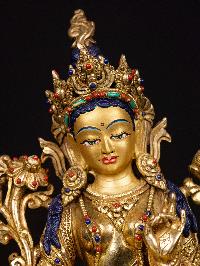 [green Tara] Buddhist Handmade Statue, [full Gold Plated],[stone Setting], [face Painted]