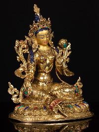 [green Tara] Buddhist Handmade Statue, [full Gold Plated],[stone Setting], [face Painted]